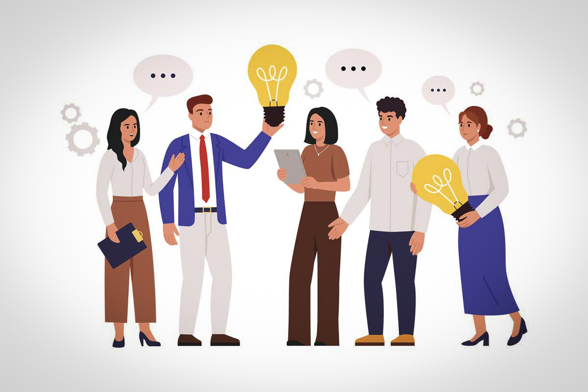 Vector illustration creative team with new ideas. Cartoon scene